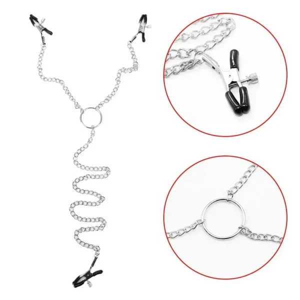 bdsm chain breast clips close up