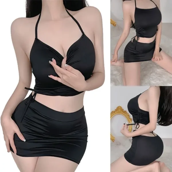 black mini skirt and crop top