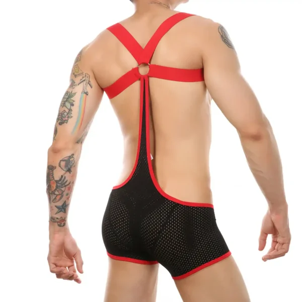 mens form fitting black nylon bodysuit